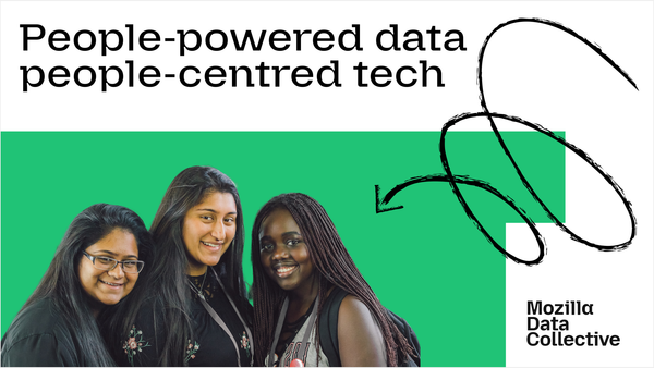 Three people in front of a green background, smiling,under the text "people powered data, people centered tech"